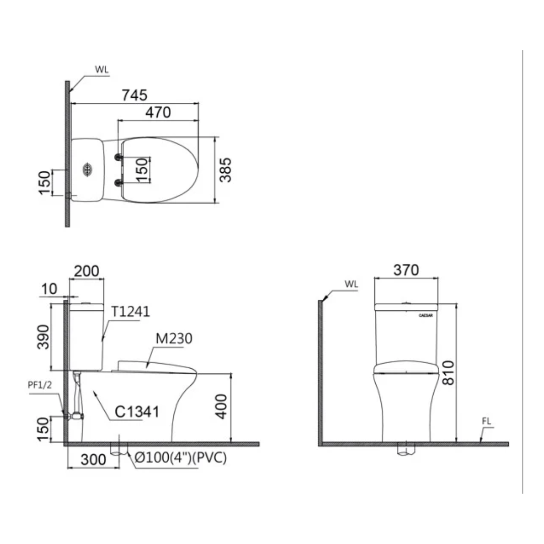 Bồn cầu 2 khối nắp điện tử Caesar CD1341+TAF200H - 2