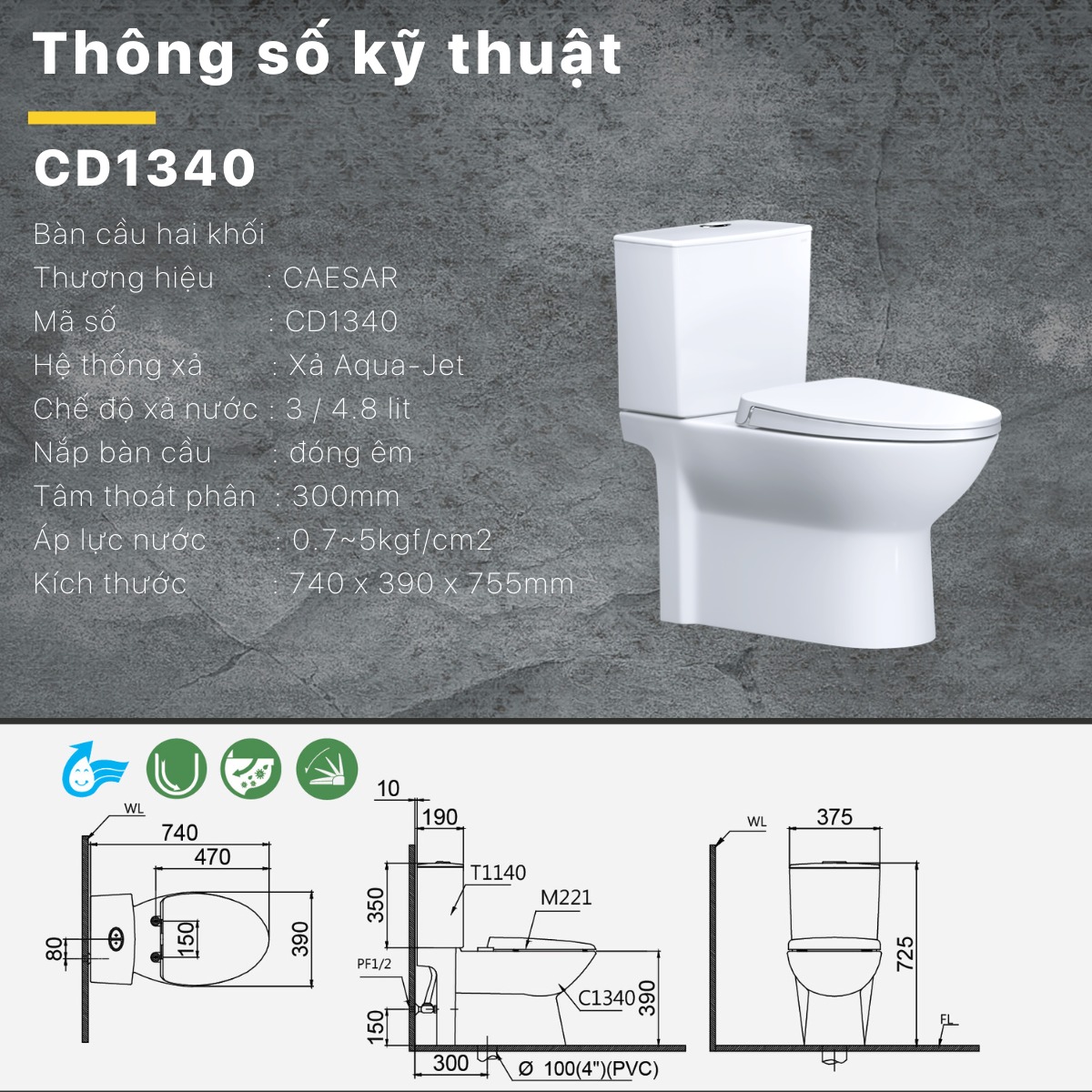 Bồn cầu 2 khối Caesar CD1340 nắp đóng êm - 11