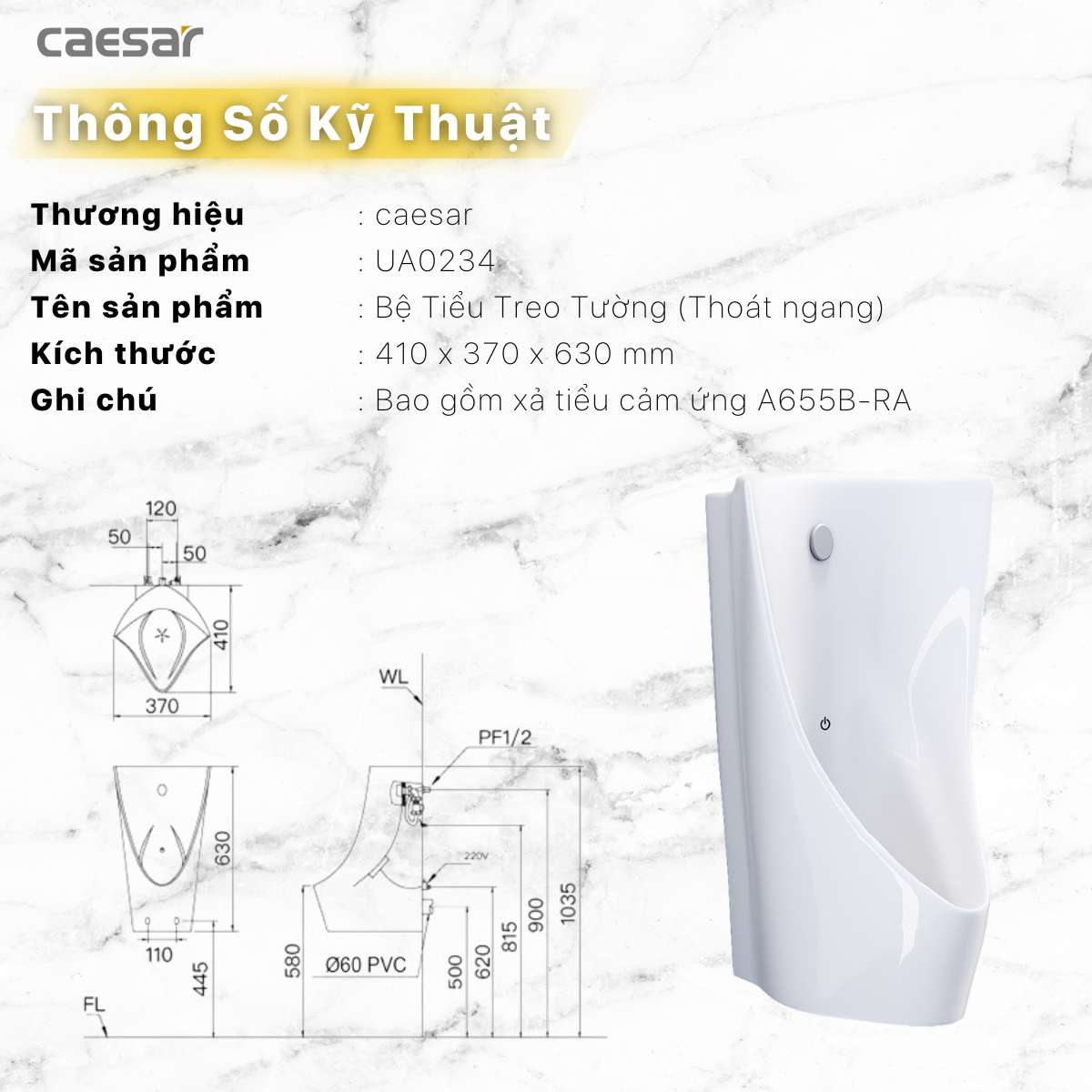 Bồn tiểu nam treo tường cảm ứng thoát ngang Caesar UA0234 - 15