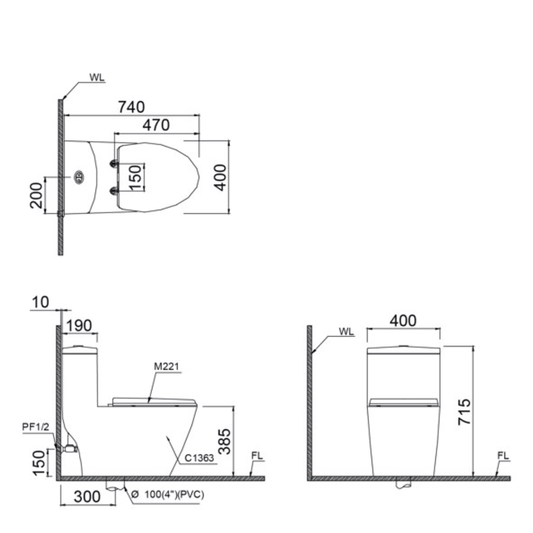 Bồn cầu 1 khối nắp điện tử Caesar CD1363+TAF200H - 2