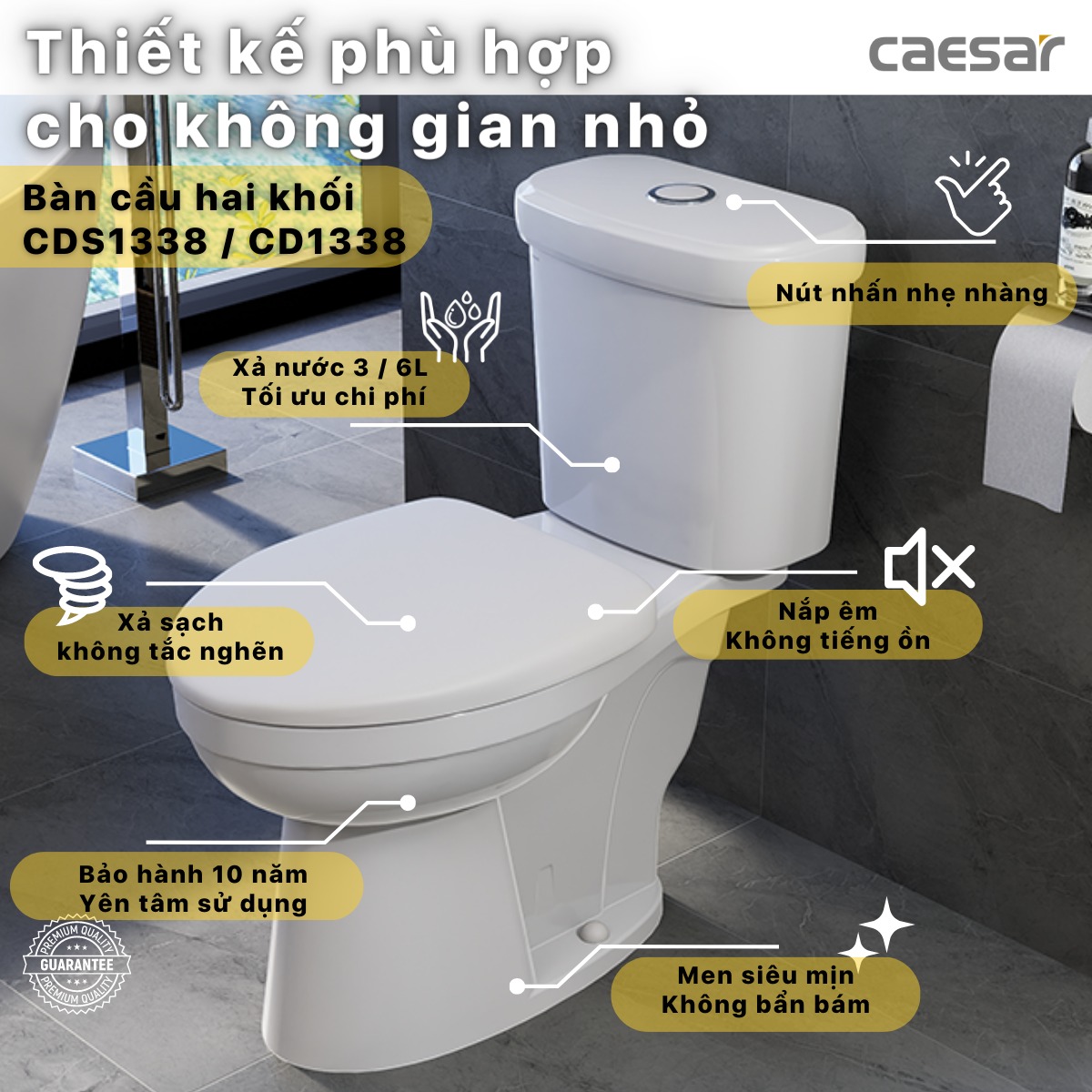 Bồn cầu 2 khối Caesar CD1338 nắp thường - 3
