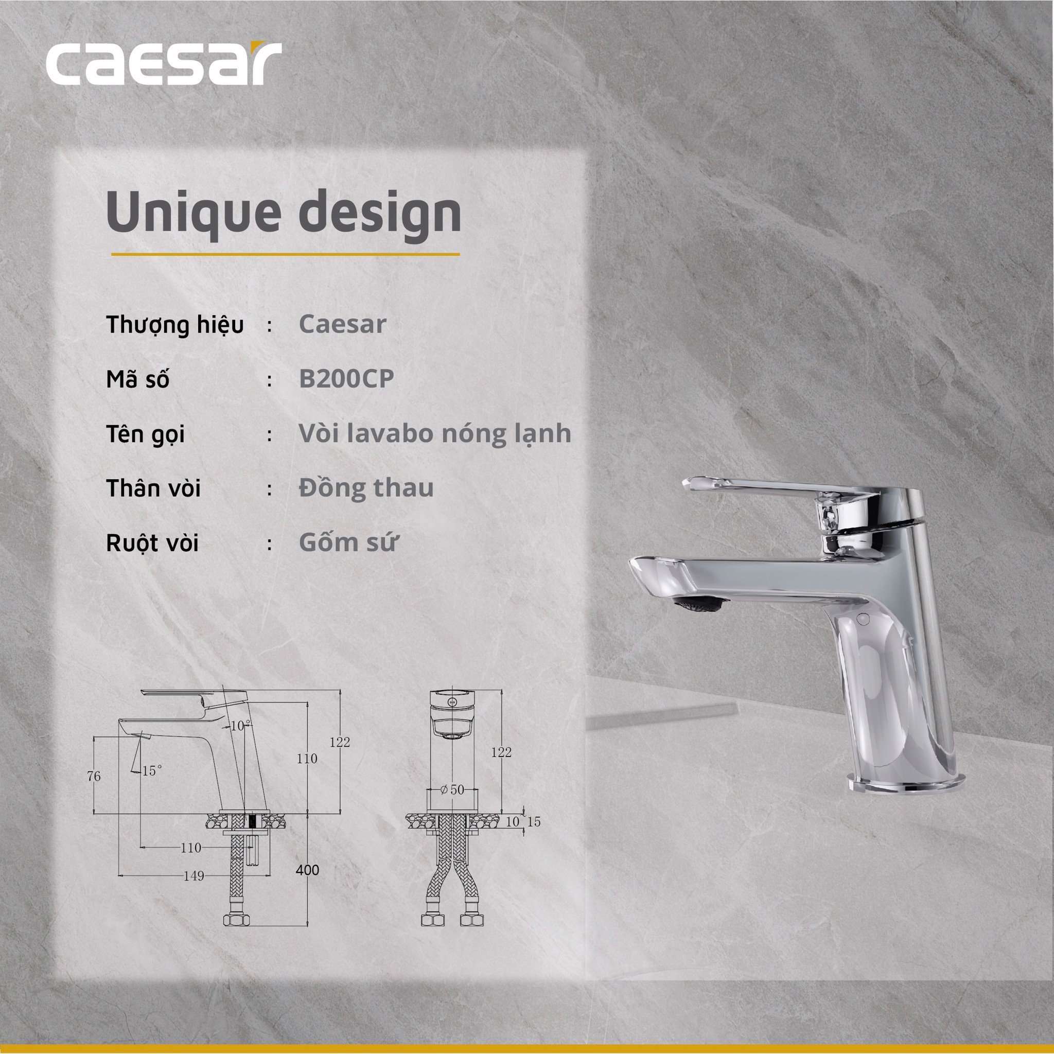 Vòi chậu lavabo nóng lạnh Caesar B200CU - 16