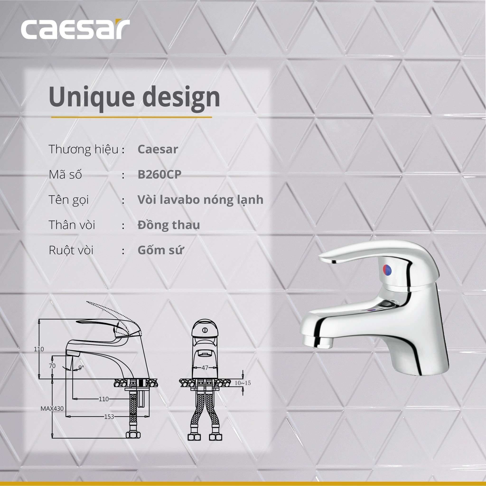 Vòi chậu lavabo nóng lạnh Caesar B260CP - 10