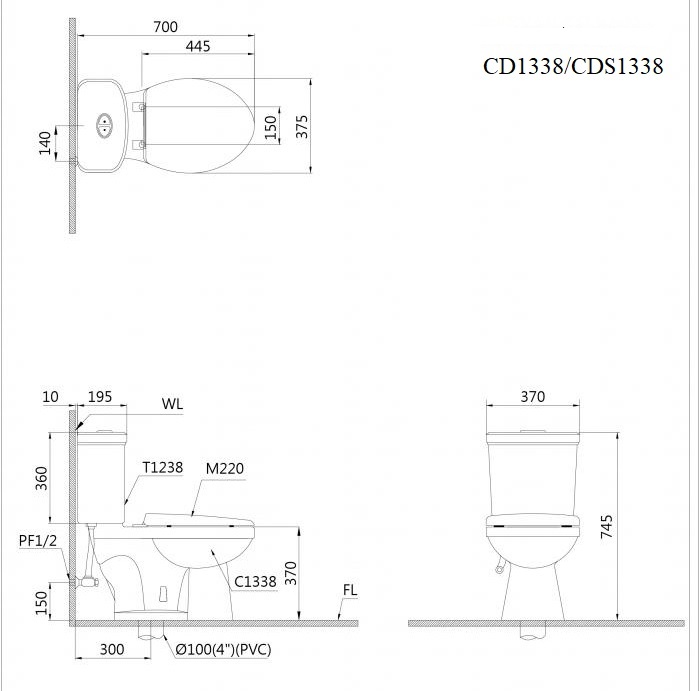 Bồn cầu 2 khối Caesar CD1338 nắp thường - 20