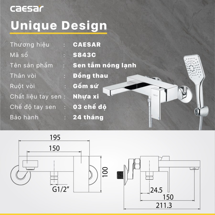 Bộ vòi sen tắm nóng lạnh Caesar S843C - 20