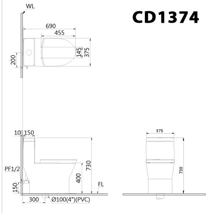 Bồn cầu 1 khối Caesar C1374 (CD1374) nắp đóng êm - 10