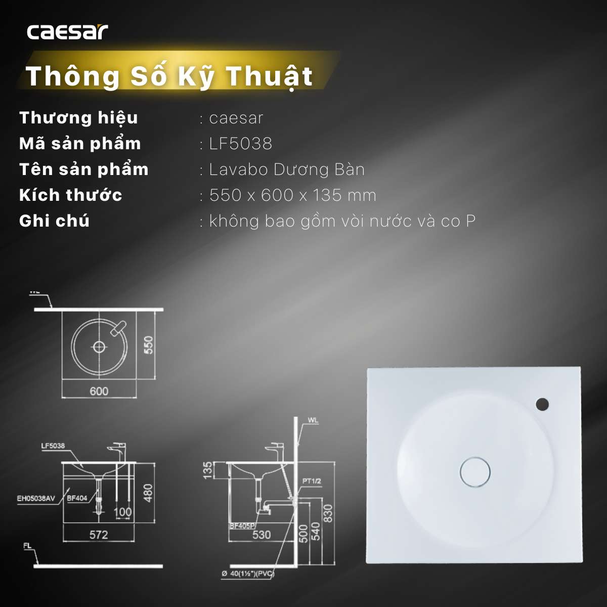 Chậu lavabo dương vành Caesar LF5038 - 18