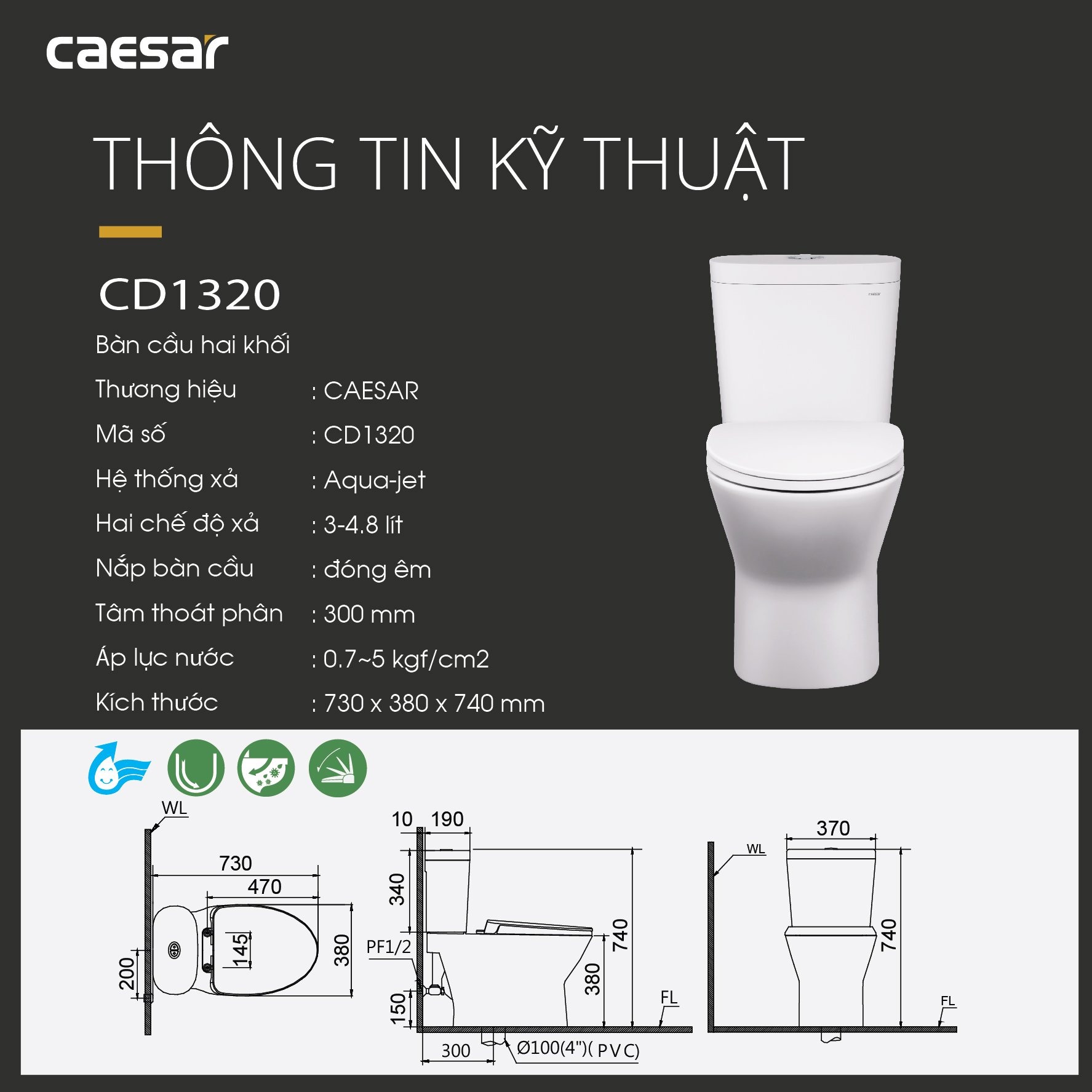 Bồn cầu 2 khối Caesar CD1320 nắp đóng êm - 14