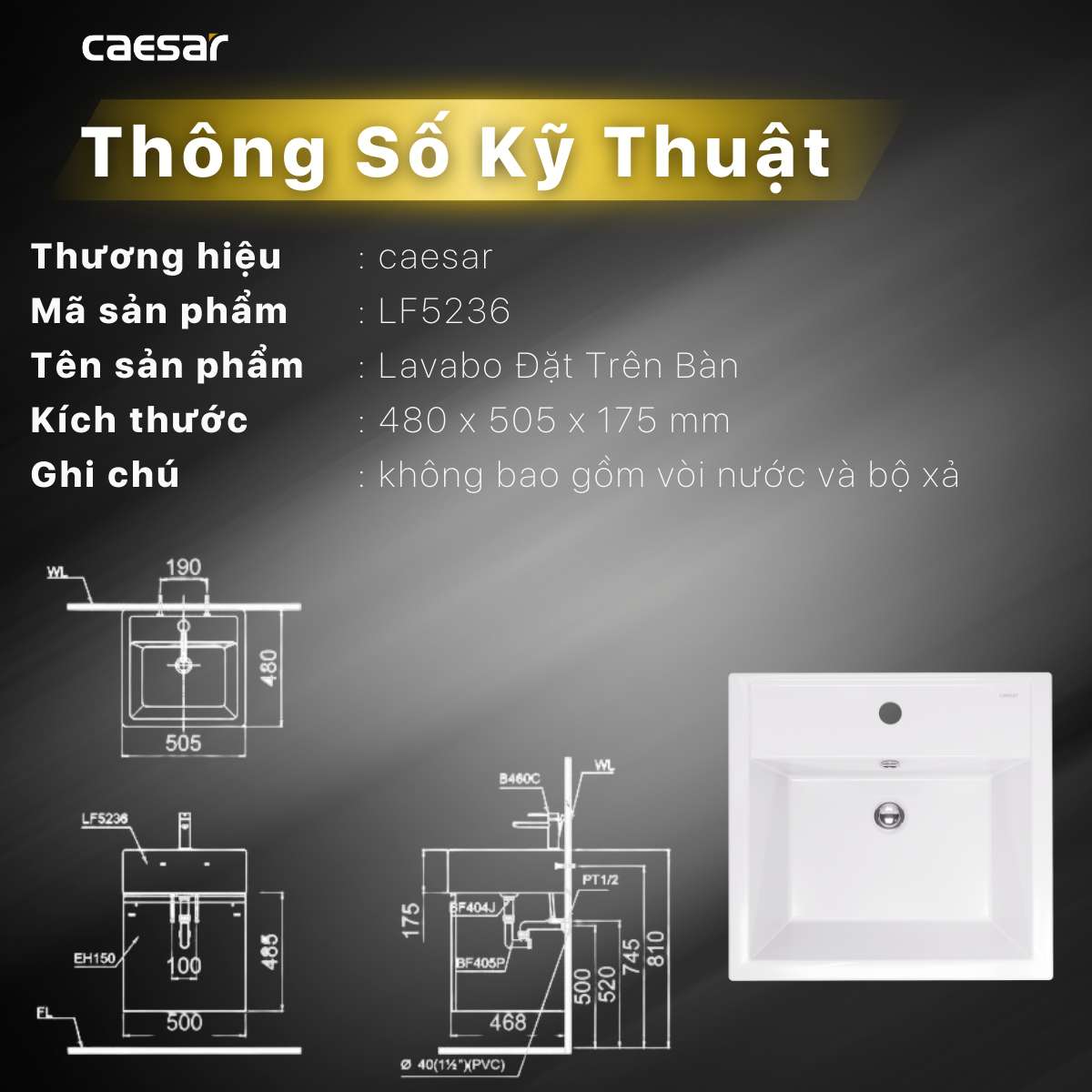 Chậu lavabo đặt bàn Caesar LF5236 - 17