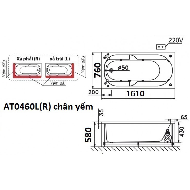 Bồn tắm chân yếm 1m6 Caesar AT0460L(R)