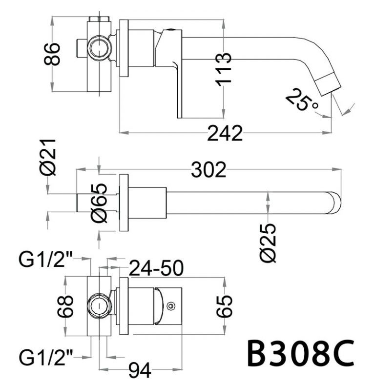 Vòi lavabo nóng lạnh âm tường Caesar B308C