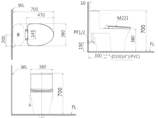 Bồn cầu 1 khối nắp rửa cơ Caesar CD1395+TAF050 - 19