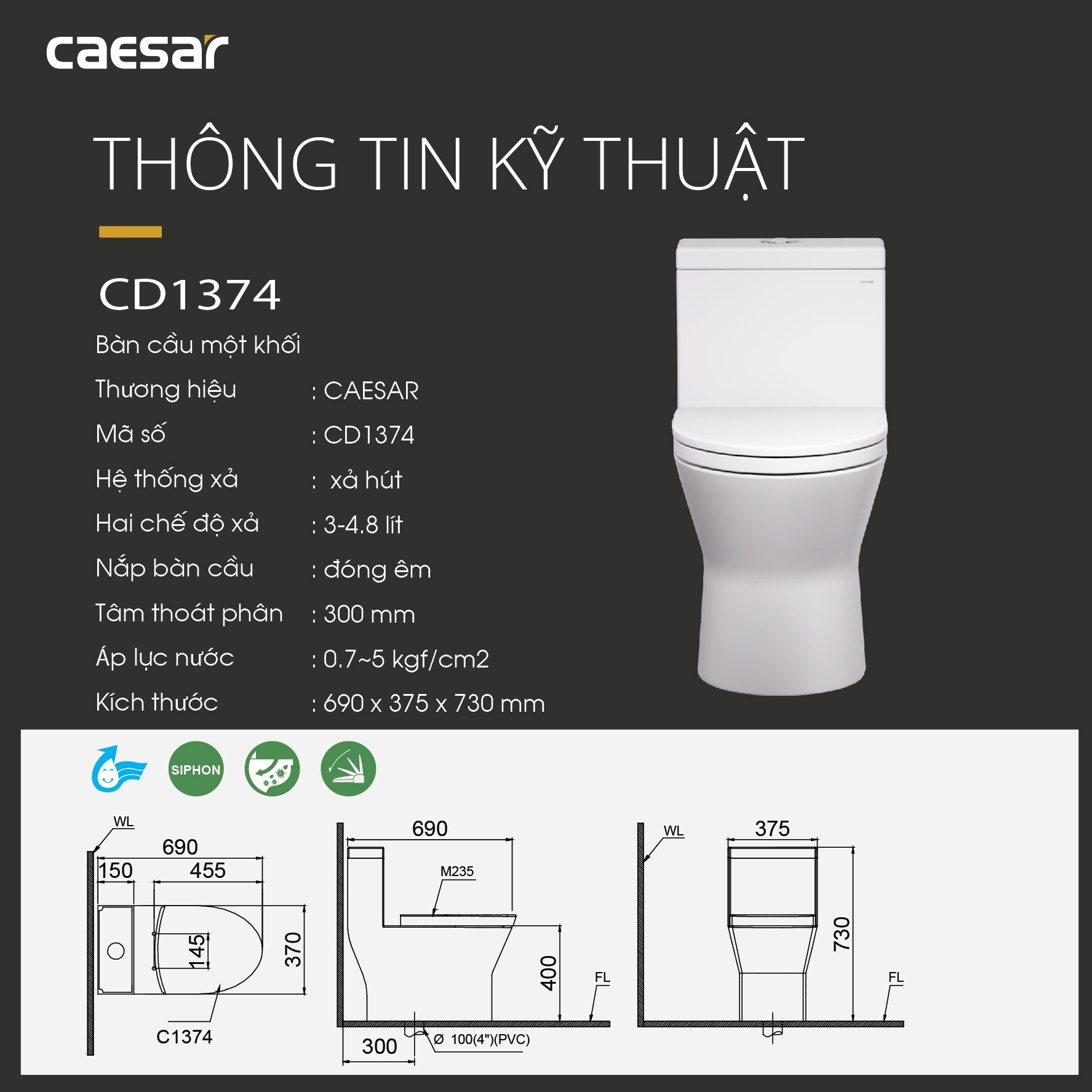 Bồn cầu 1 khối Caesar C1374 (CD1374) nắp đóng êm - 18