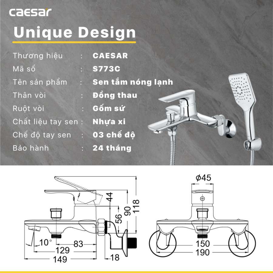 Bộ vòi sen tắm nóng lạnh Caesar S773C - 17
