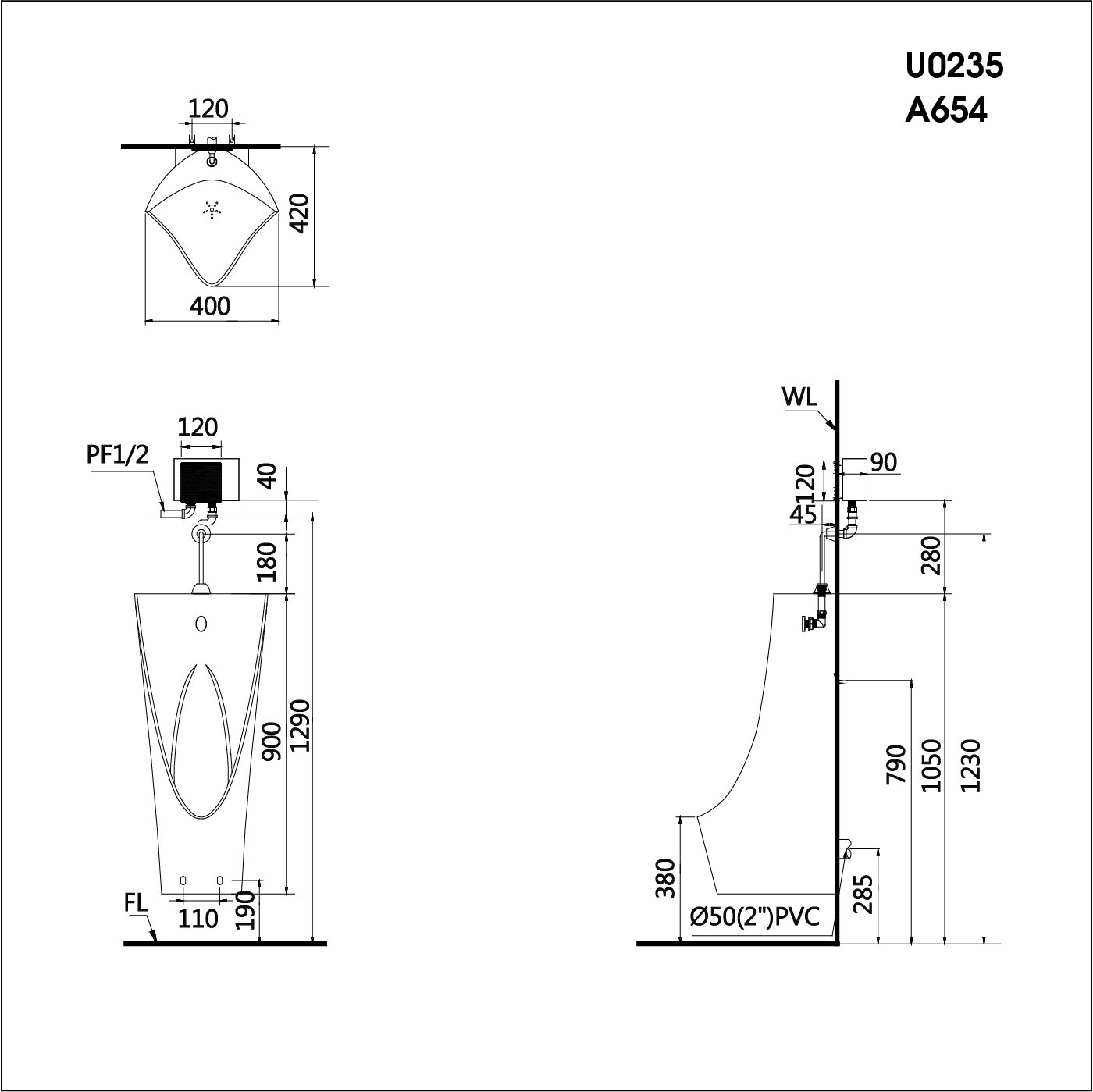 Bồn tiểu nam treo tường thoát ngang Caesar U0235 - 12