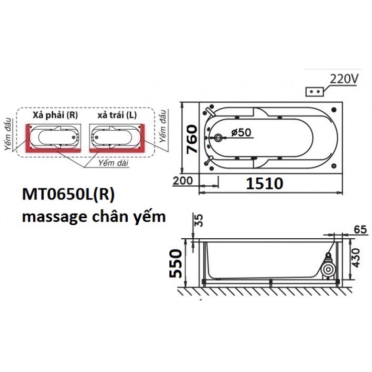 Bồn tắm massage chân yếm 1m5 Caesar MT0650L(R) (bỏ mẫu)