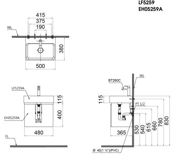Bộ tủ lavabo Caesar LF5259+EH05259ATGV