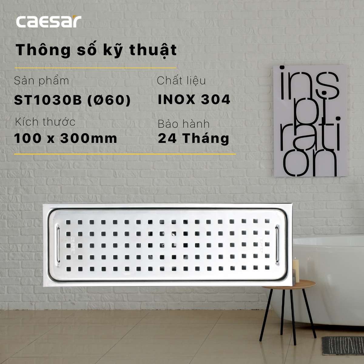 Phễu thoát sàn dài 10x30cm ø60 Caesar ST1030B - 8