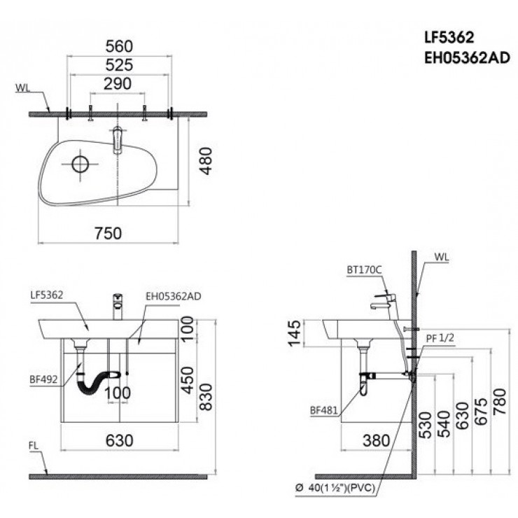 Chậu lavabo dương vành Caesar LF5362 - 2