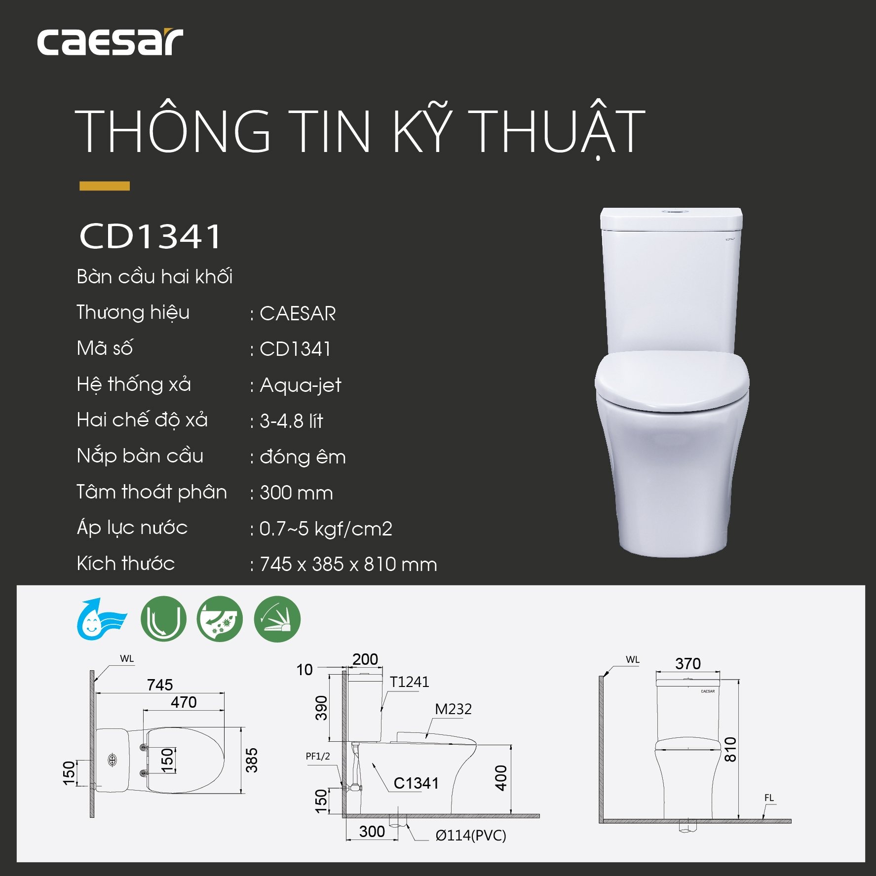 Bồn cầu 2 khối Caesar CD1341 nắp đóng êm - 10