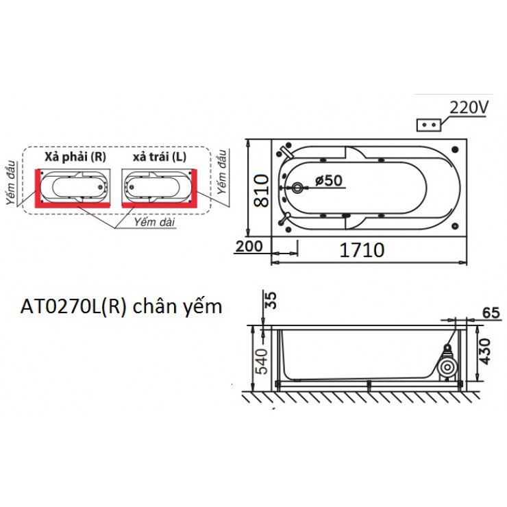 Bồn tắm chân yếm 1m7 Caesar AT0270L(R) (bỏ mẫu)