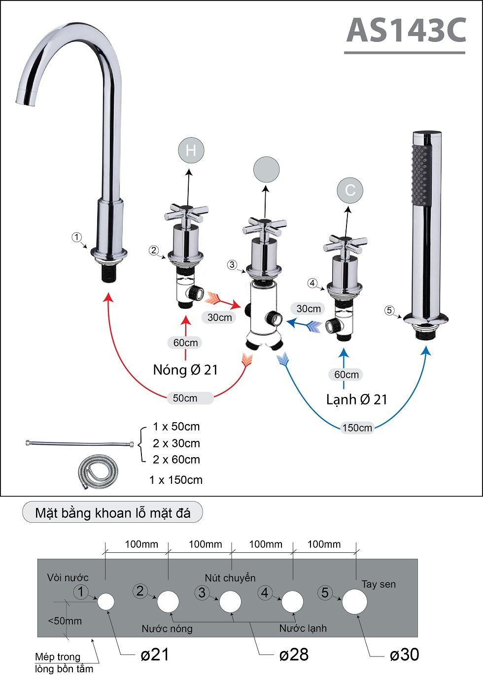 Bộ vòi sen trên bồn tắm nóng lạnh Caesar AS143C - 6