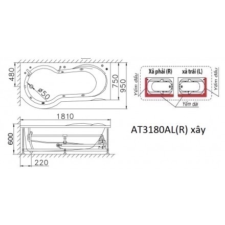 Bồn tắm xây 1m8 Caesar AT3180L(R)A - 2
