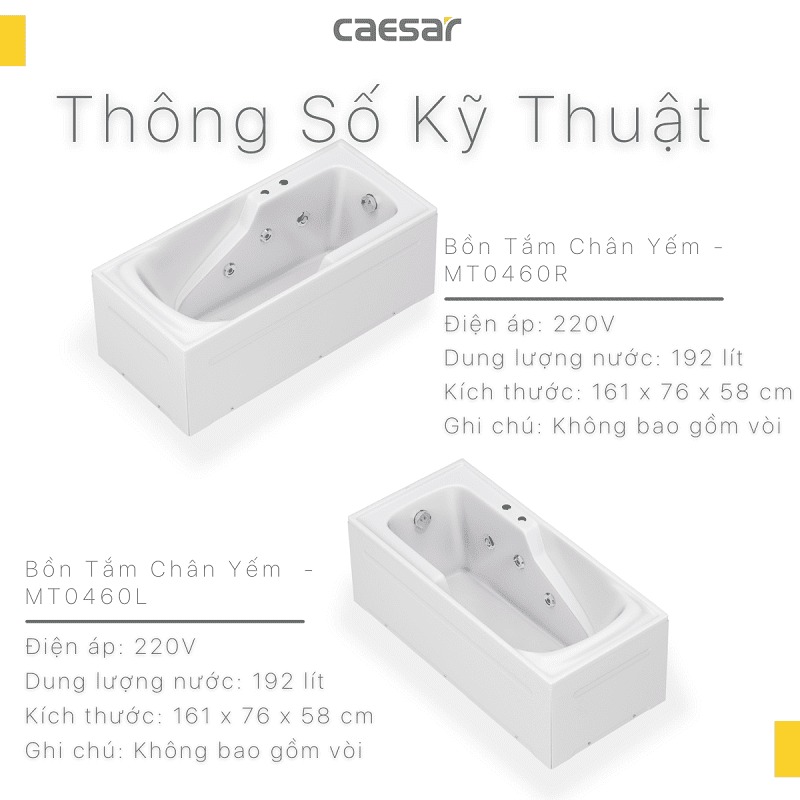 Bồn tắm chân yếm 1m6 massage Caesar MT0460L(R) - 11