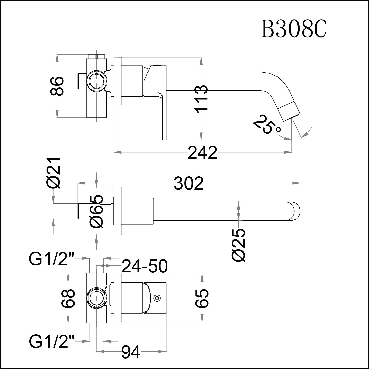 Vòi lavabo nóng lạnh âm tường Caesar B308C - 14
