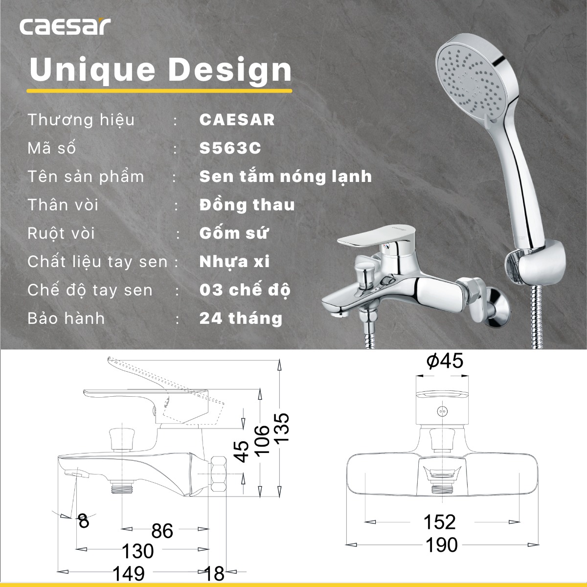 Bộ vòi sen tắm nóng lạnh Caesar S563C - 11