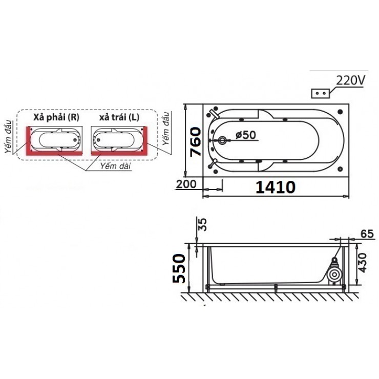Bồn tắm chân yếm 1m4 Caesar AT0640L(R) - 2