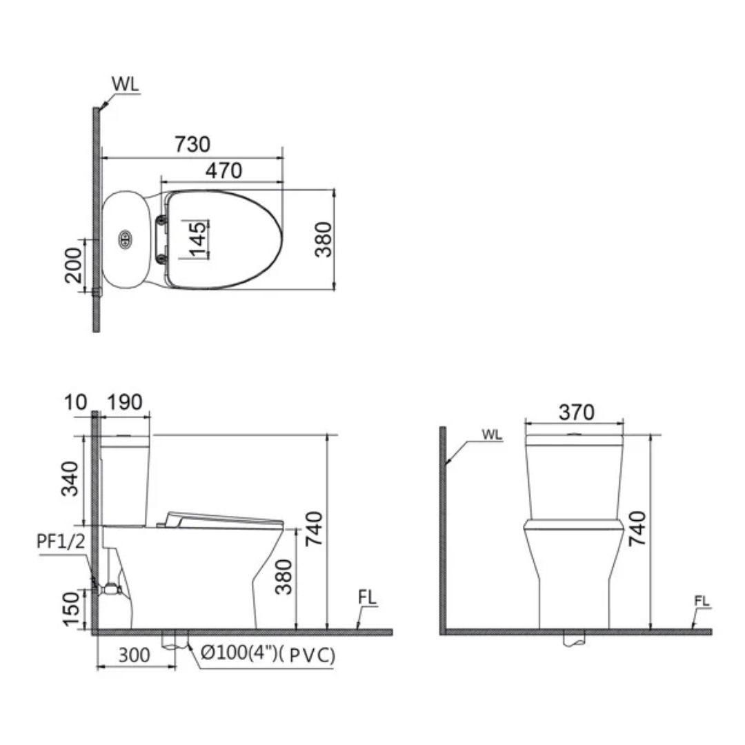 Bồn cầu 2 khối nắp điện tử Caesar CD1320+TAF200H - 2