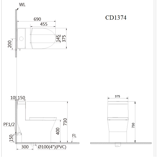 Bồn cầu 1 khối Caesar C1374 (CD1374) nắp đóng êm - 27