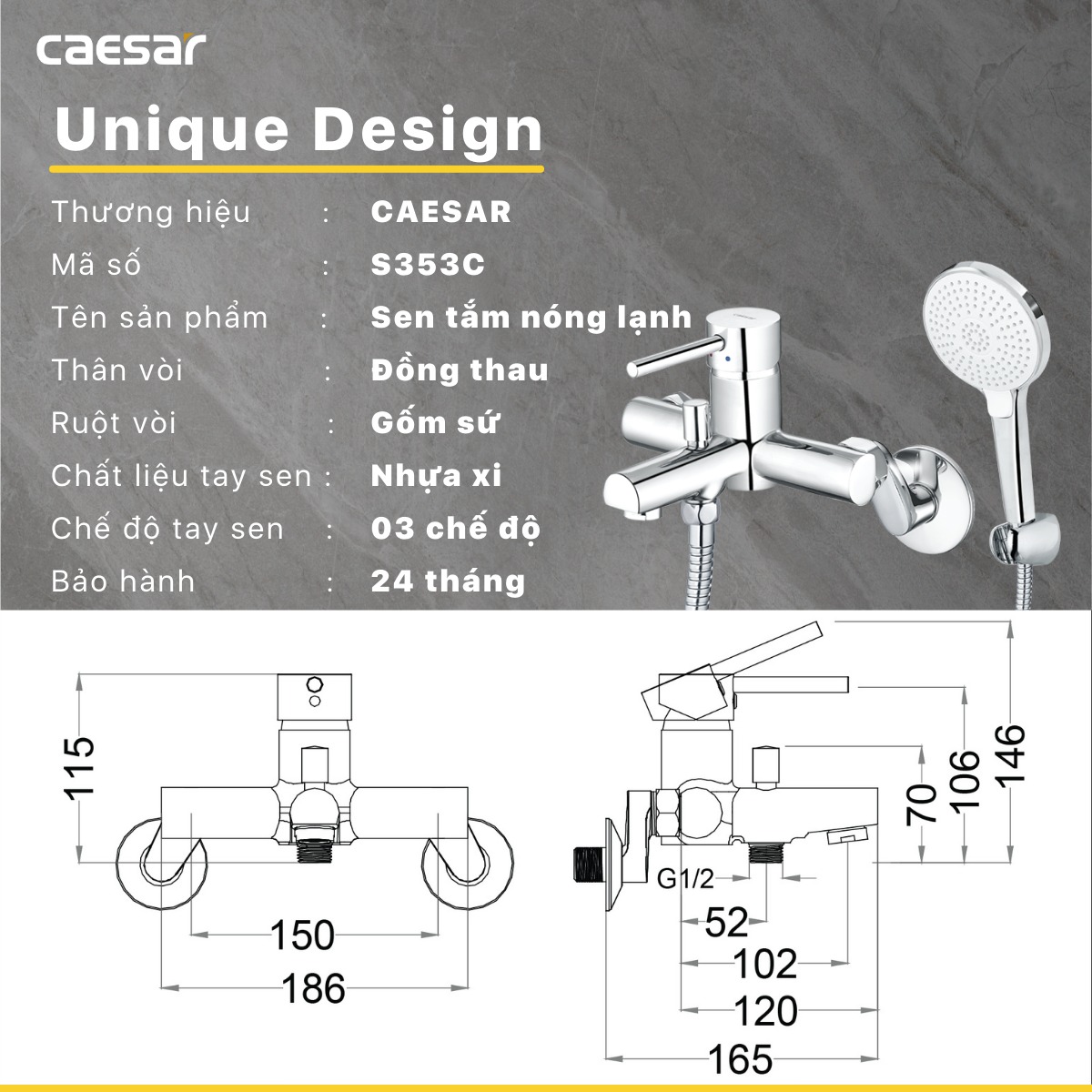 Bộ vòi sen tắm nóng lạnh Caesar S353C - 19