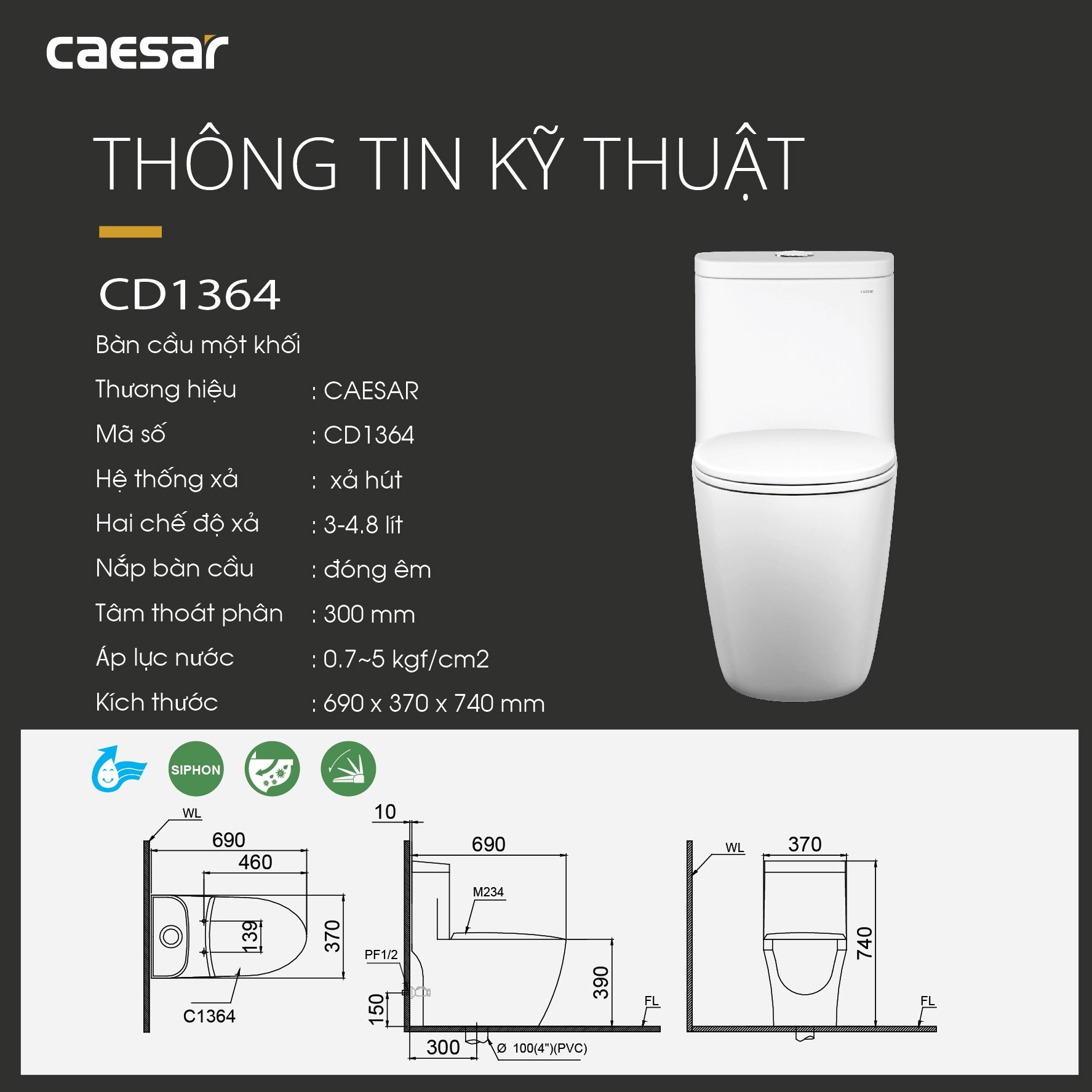 Bồn cầu 1 khối Caesar C1364 (CD1364) nắp đóng êm - 16