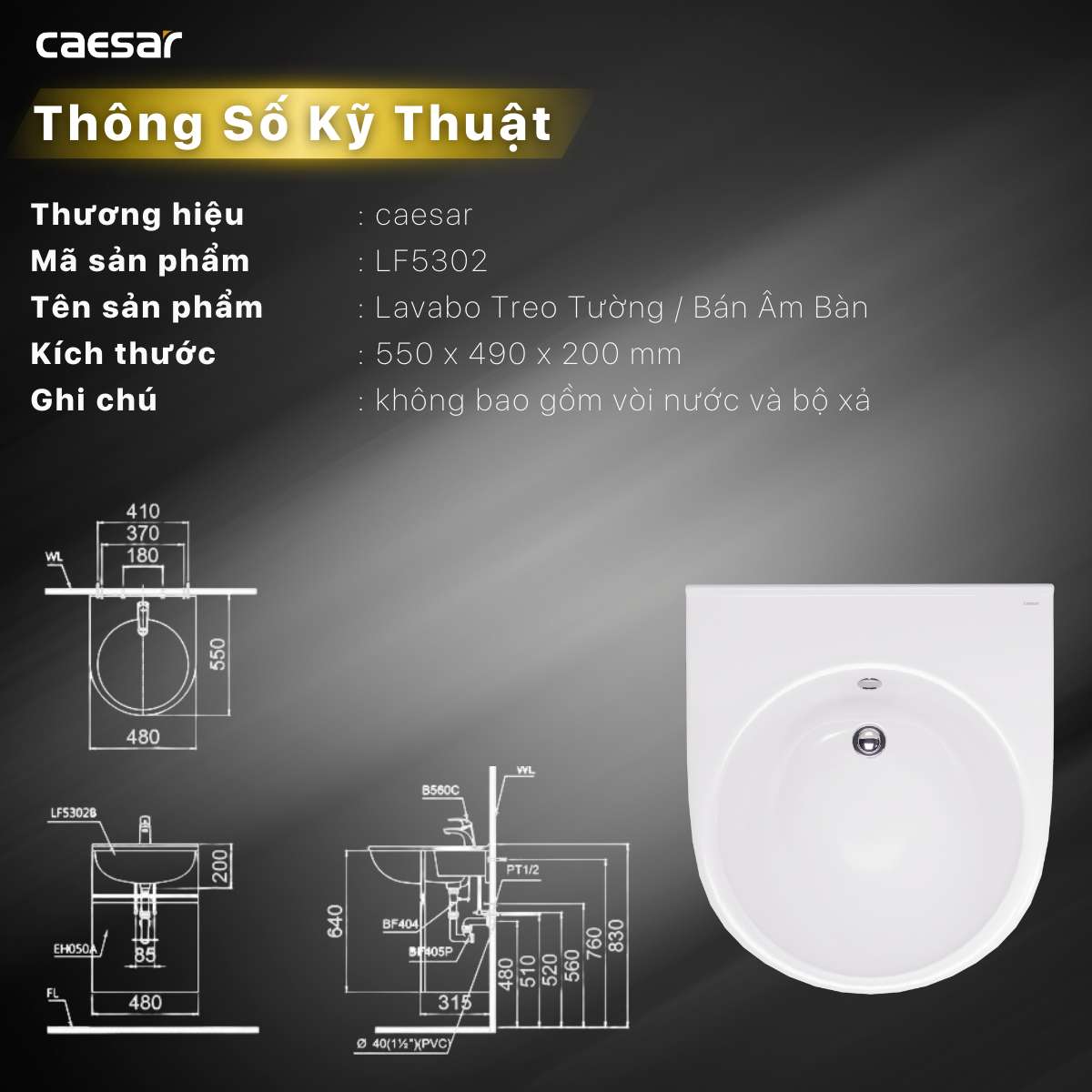 Chậu rửa lavabo dương vành Caesar LF5302 - 12