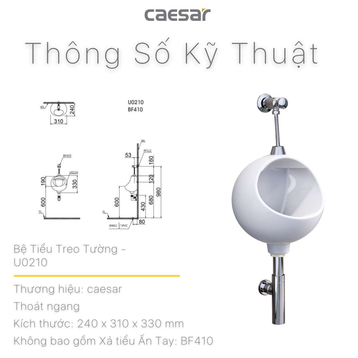 Bồn tiểu nam treo tường Caesar U0210 - 20