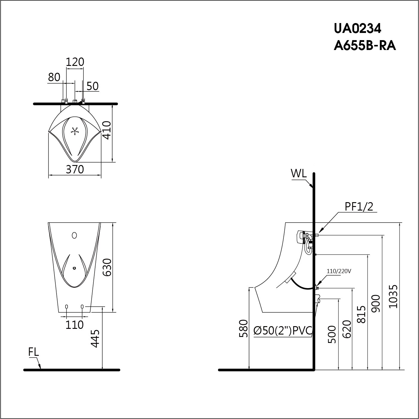 Bồn tiểu nam treo tường cảm ứng thoát ngang Caesar UA0234 - 17