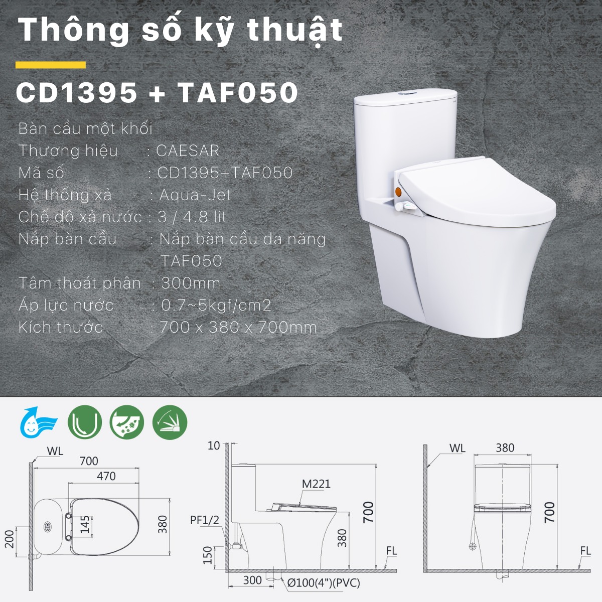 Bồn cầu 1 khối nắp rửa cơ Caesar CD1395+TAF050 - 8