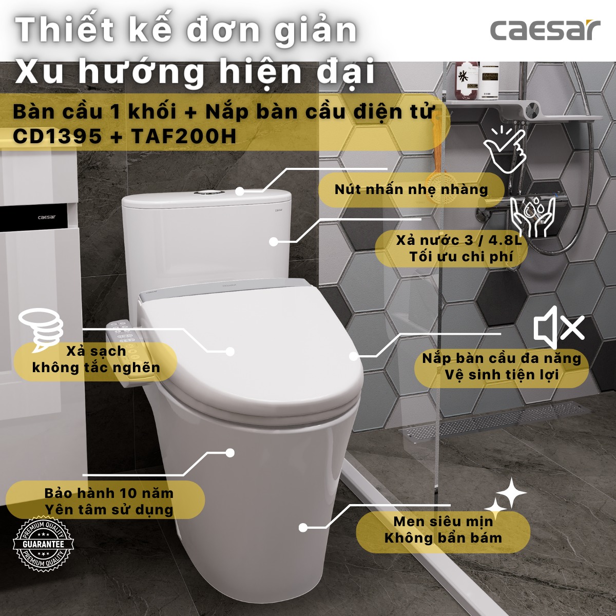 Bồn cầu 1 khối nắp điện tử Caesar CD1395+TAF200H - 2