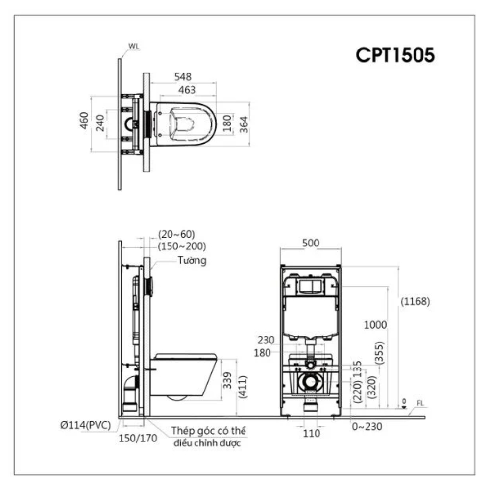 Bồn cầu treo tường Caesar CPT1505 gồm két nước âm tường - 13