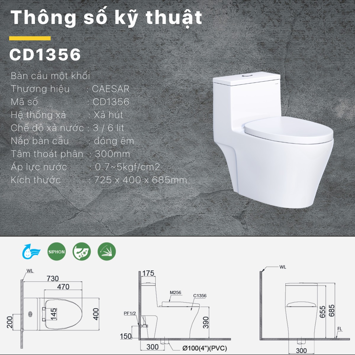 Bồn cầu 1 khối Caesar C1356 (CD1356) nắp đóng êm - 21