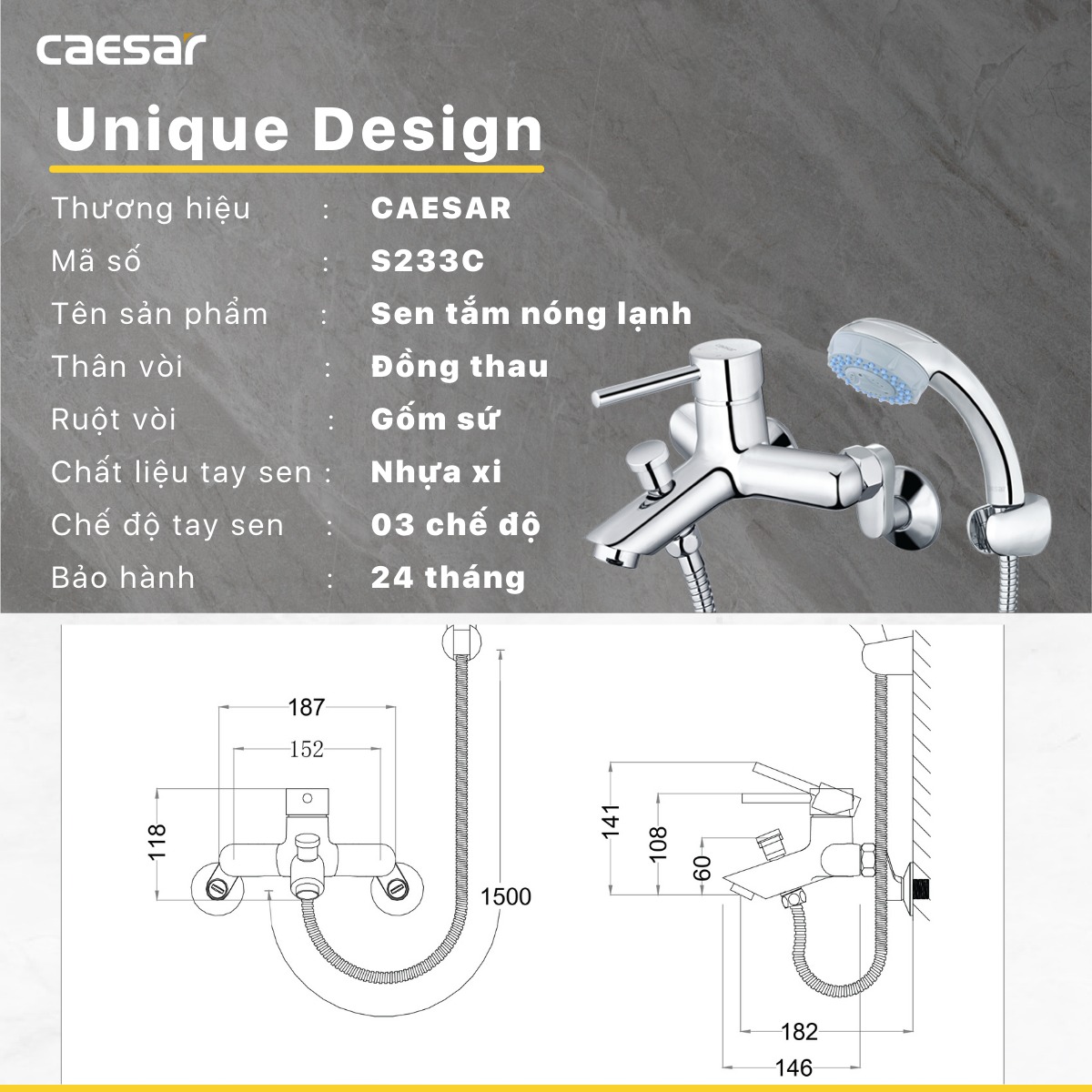 Bộ vòi sen tắm nóng lạnh Caesar S233C - 10