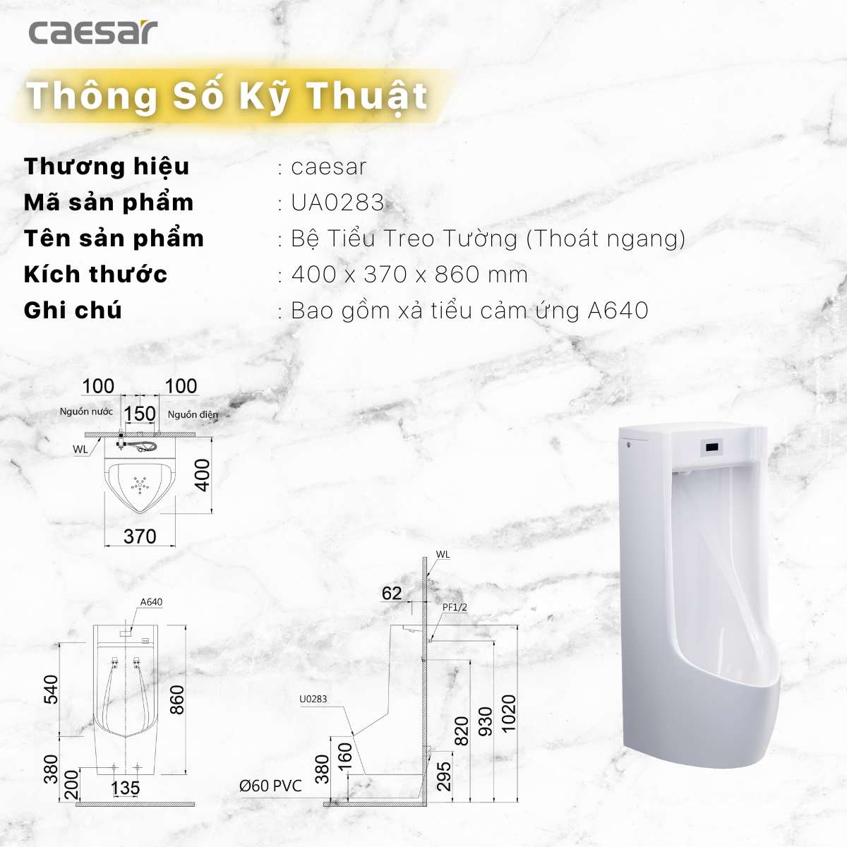 Bồn tiểu nam treo tường van cảm ứng Caesar UA0283 - 14