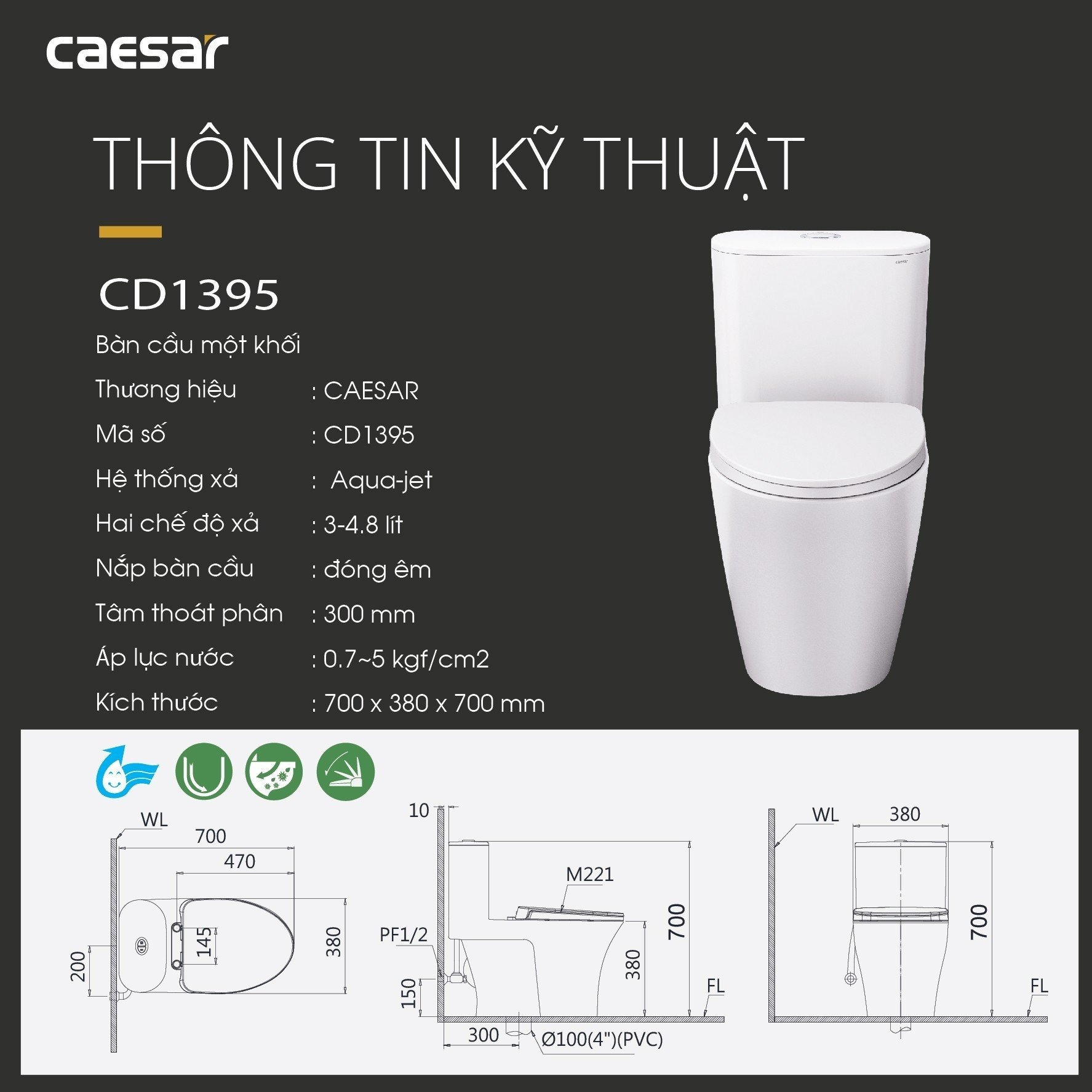 Bồn cầu 1 khối Caesar C1395 (CD1395) nắp đóng êm - 12