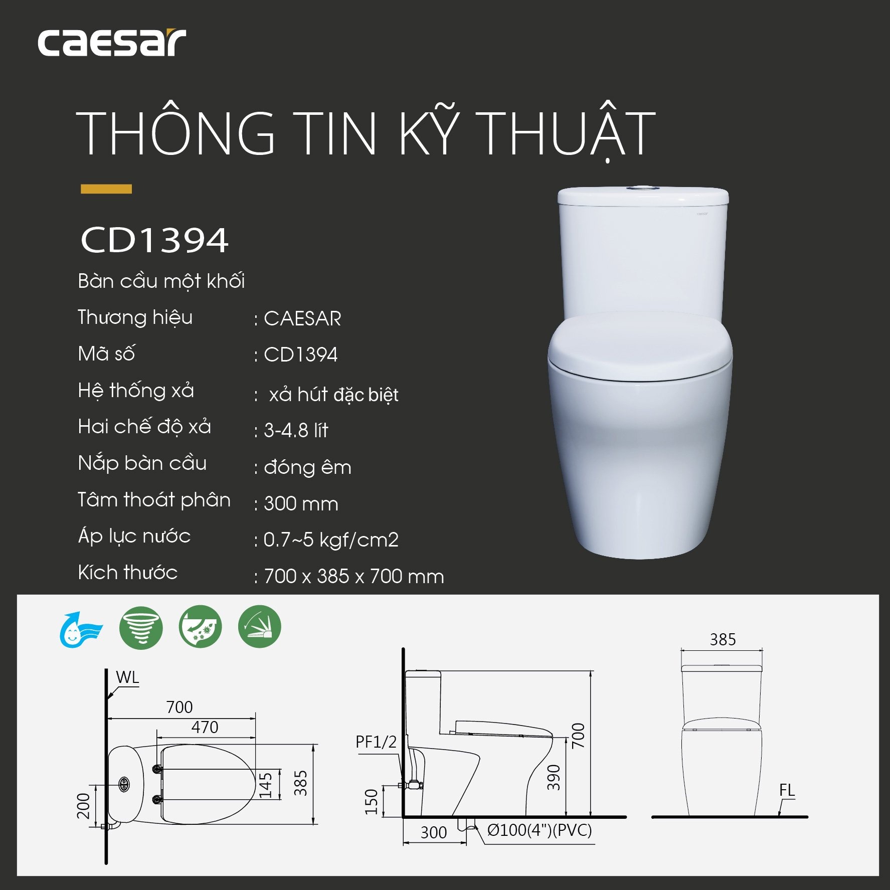 Bồn cầu 1 khối nắp êm Caesar C1394 (CD1394) - 18