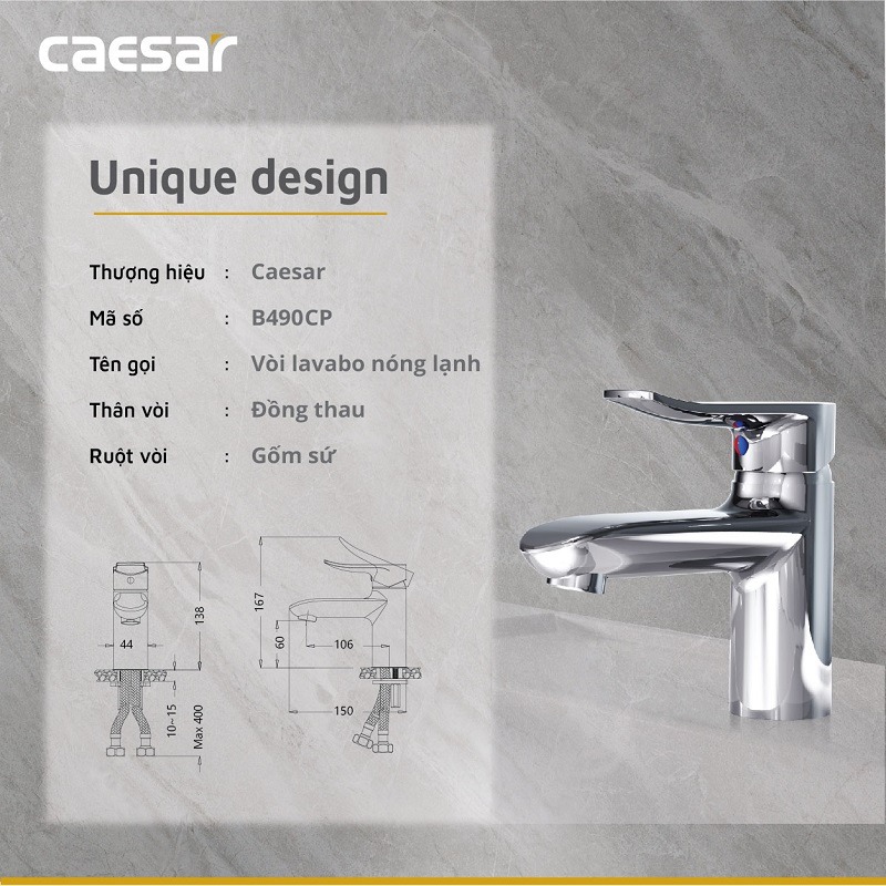 Vòi chậu lavabo nóng lạnh Caesar B490CP / B490CU - 13