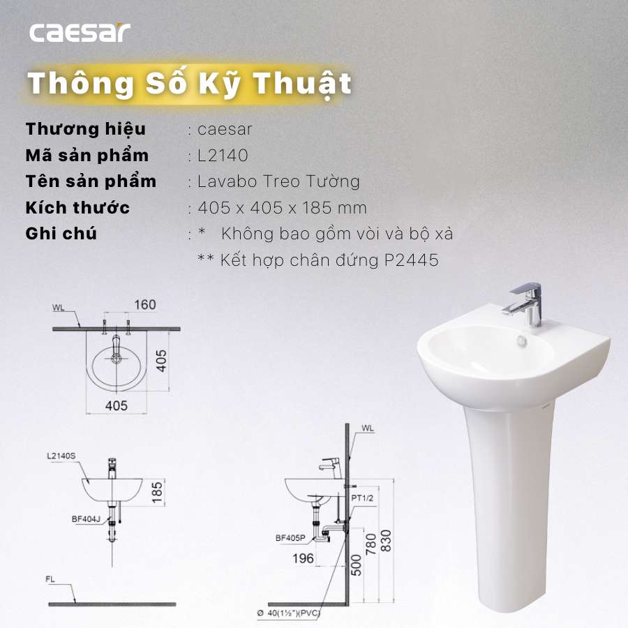 Chậu rửa lavabo treo tường Caesar L2140 - 11