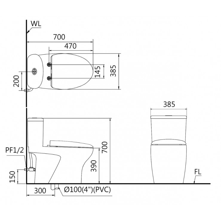 Bồn cầu 1 khối nắp rửa cơ Caesar CD1394+TAF050 - 19