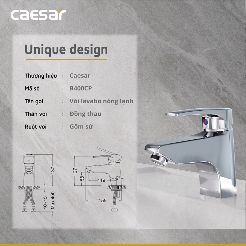 Vòi chậu lavabo nóng lạnh Caesar B400CU - 17